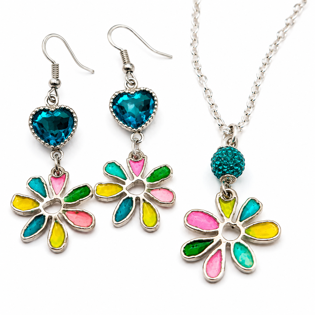 Parure Maëva : collier et boucles d’oreilles aux fleurs multicolores et touches turquoise